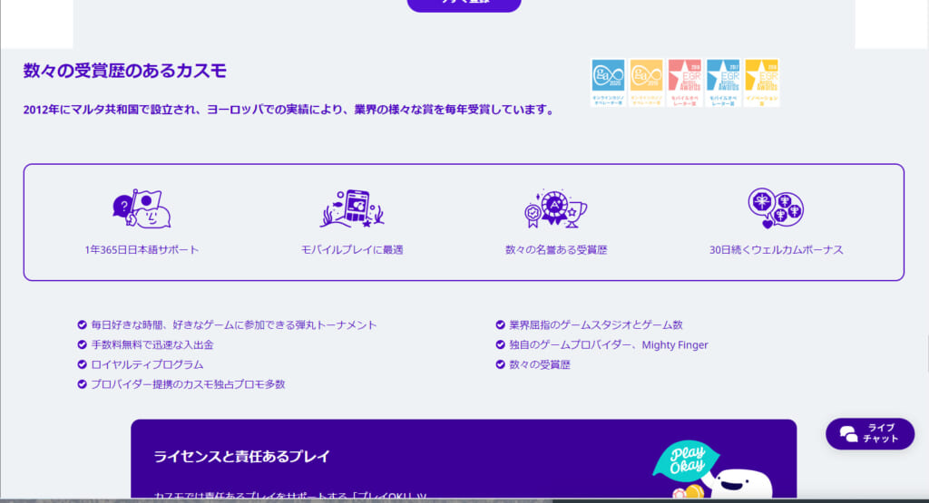 数々の受賞歴があるカスモカジノ