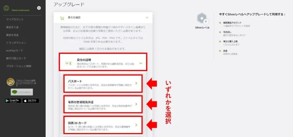 まず「身分の証明」を押すと「パスポート」「免許証」「国民IDカード」の3つの選択肢が現れます