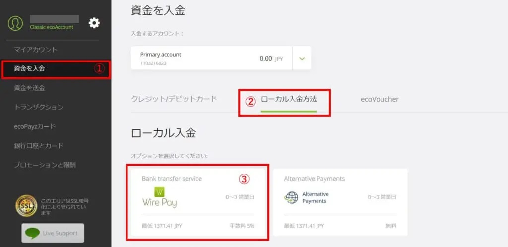 まず左側のメニューから「資金を入金」を選択します