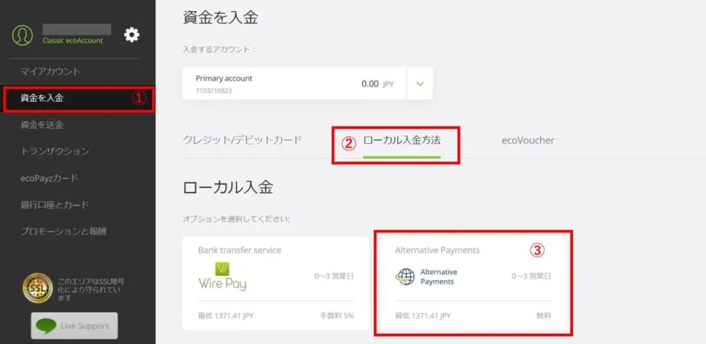 「資金を入金」「ローカル入金方法」の順にクリックし、「Alternative Payments」を選択すると仮想通貨による入金が可能です