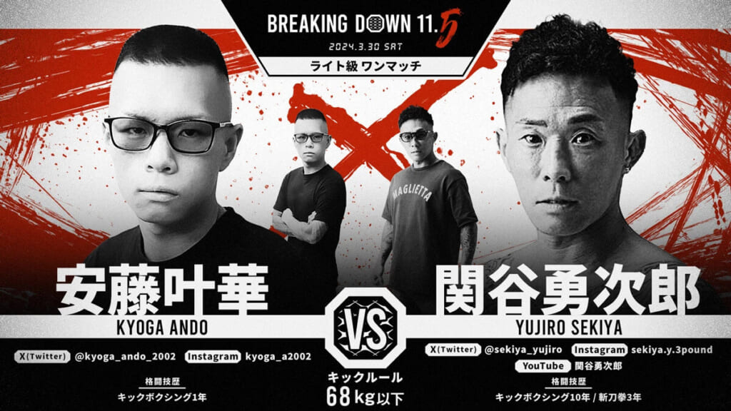 BREAKING DOWN11.5
2024.3.30.SAT
安藤叶華 VS. 関谷勇次郎