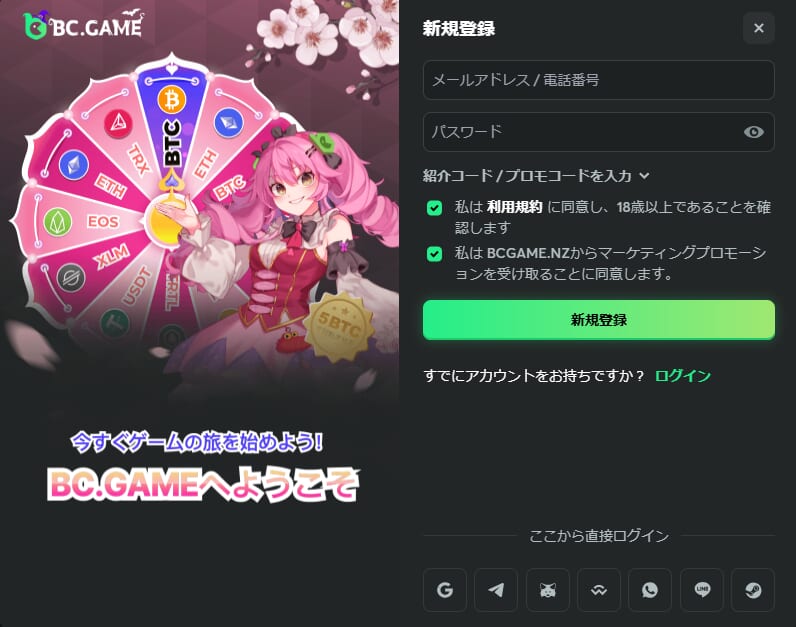 BC.GAME アカウント登録画面